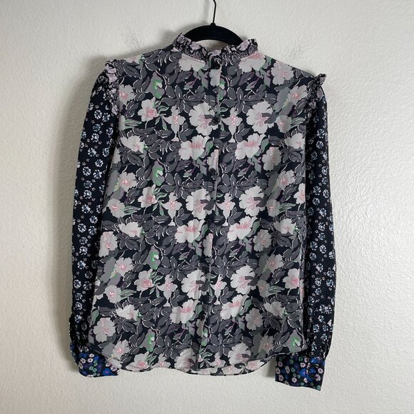Rebecca Taylor Womens 4 Mix Floral 100% Silk Blouse Long Sleeve Ruffle High Neck - Picture 10 of 11